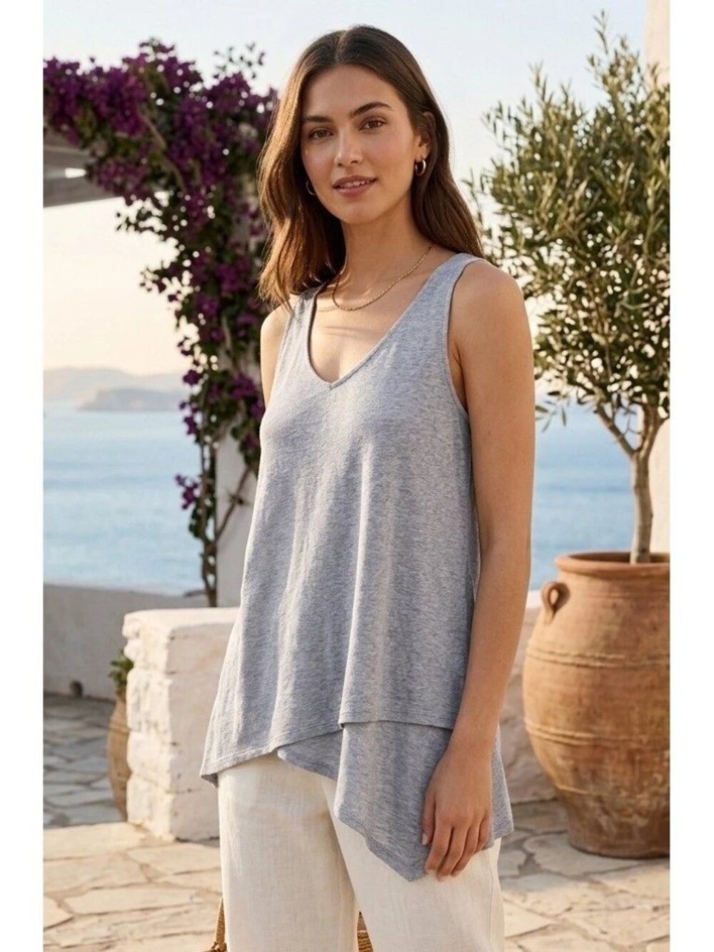 J. Jill Purejill Asymmetrical Layered Linen Blend Periwinkle Blue Tunic Tank Top